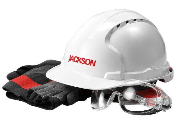 Jackson safety helmet, gloves and protective glasses